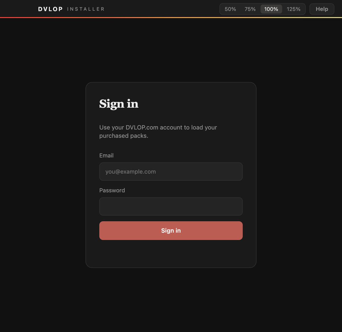 DVLOP Installer sign-in screen