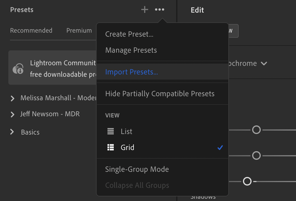 Lightroom desktop Presets menu with Import Presets