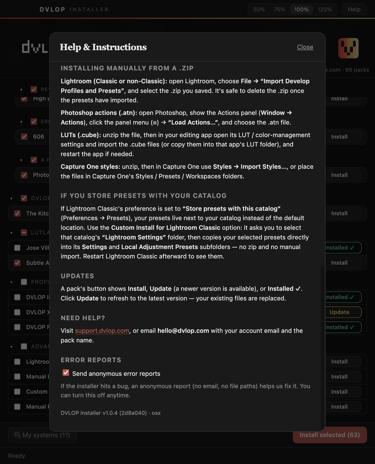 Help panel with the version line