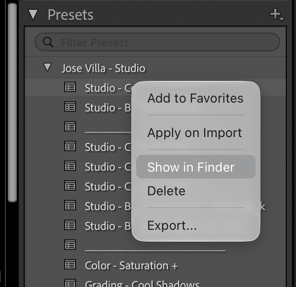 Right-click menu with Show in Finder
